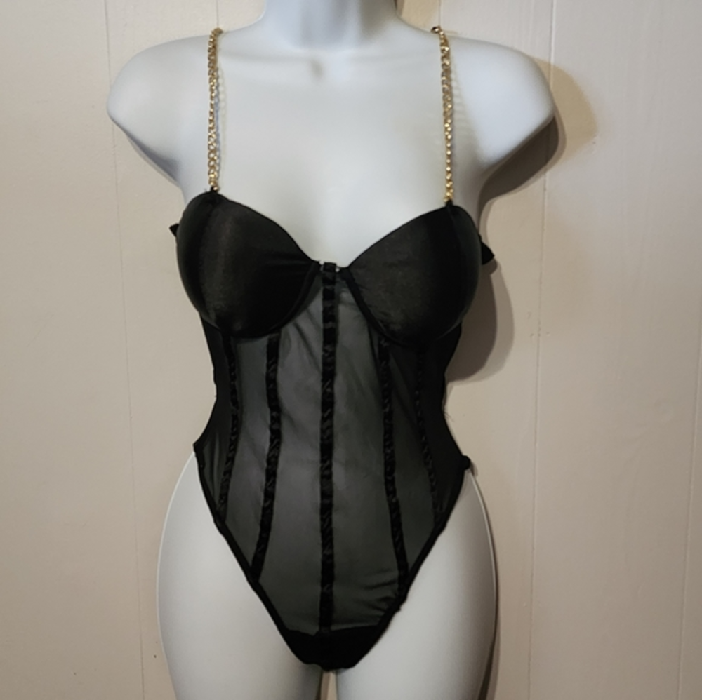 Rue 21 Black Sheer Teddie Lingerie Bodysuit Corset Sexy ‎ Small A443